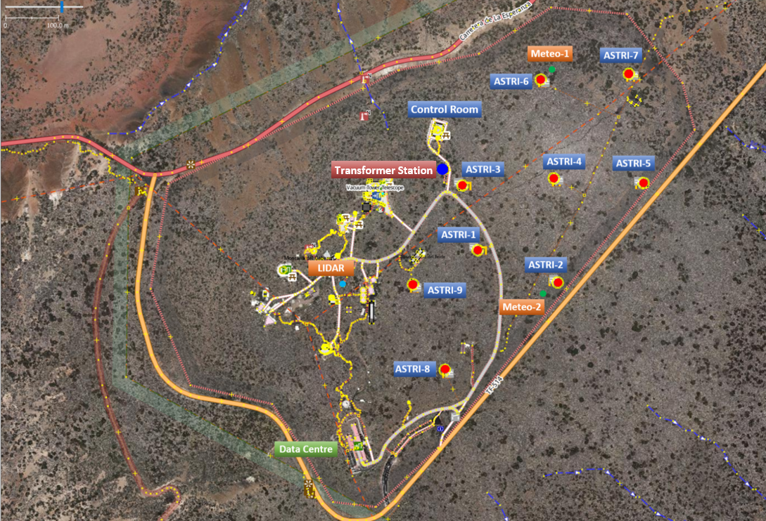 The image shows the ASTRI Mini-Array layout at the Teide Observatory