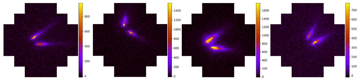 Prime immagini stereoscopiche di sciami generati da raggi gamma osservati dai due telescopi dell’ASTRI Mini-Array equipaggiati con camere Cherenkov. Ciascuna immagine rappresenta uno sciame diverso.