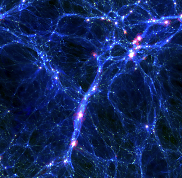test_RGB_ENG Rendering of the magnetic field in the cosmic web (i.e., the network of matter filaments connecting galaxies and clusters on cosmological scales), based on a numerical simulation. In the details shown, blue represents the magnetic field intensity, while red indicates the gas density, tracing halos and therefore galaxies.